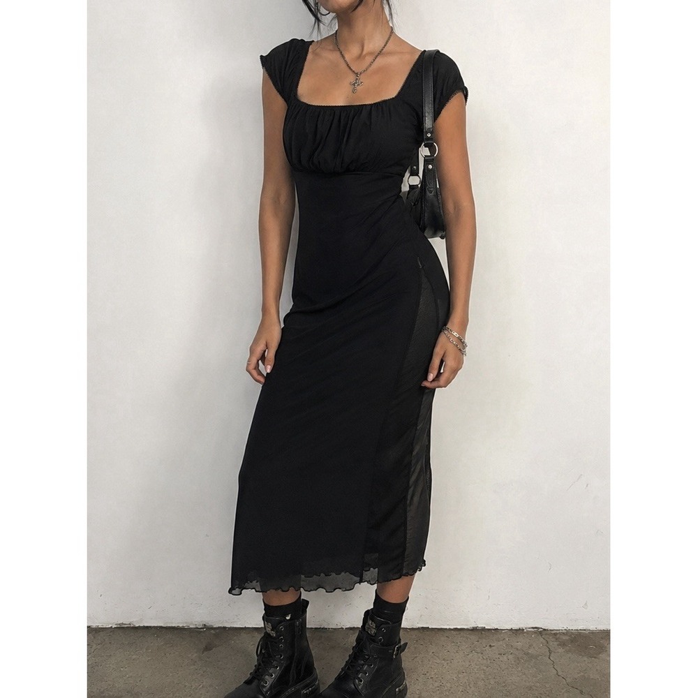 Relipop Black Mesh Midi Dress Women's Size S Y2K Grunge Ruched Sheer Goth